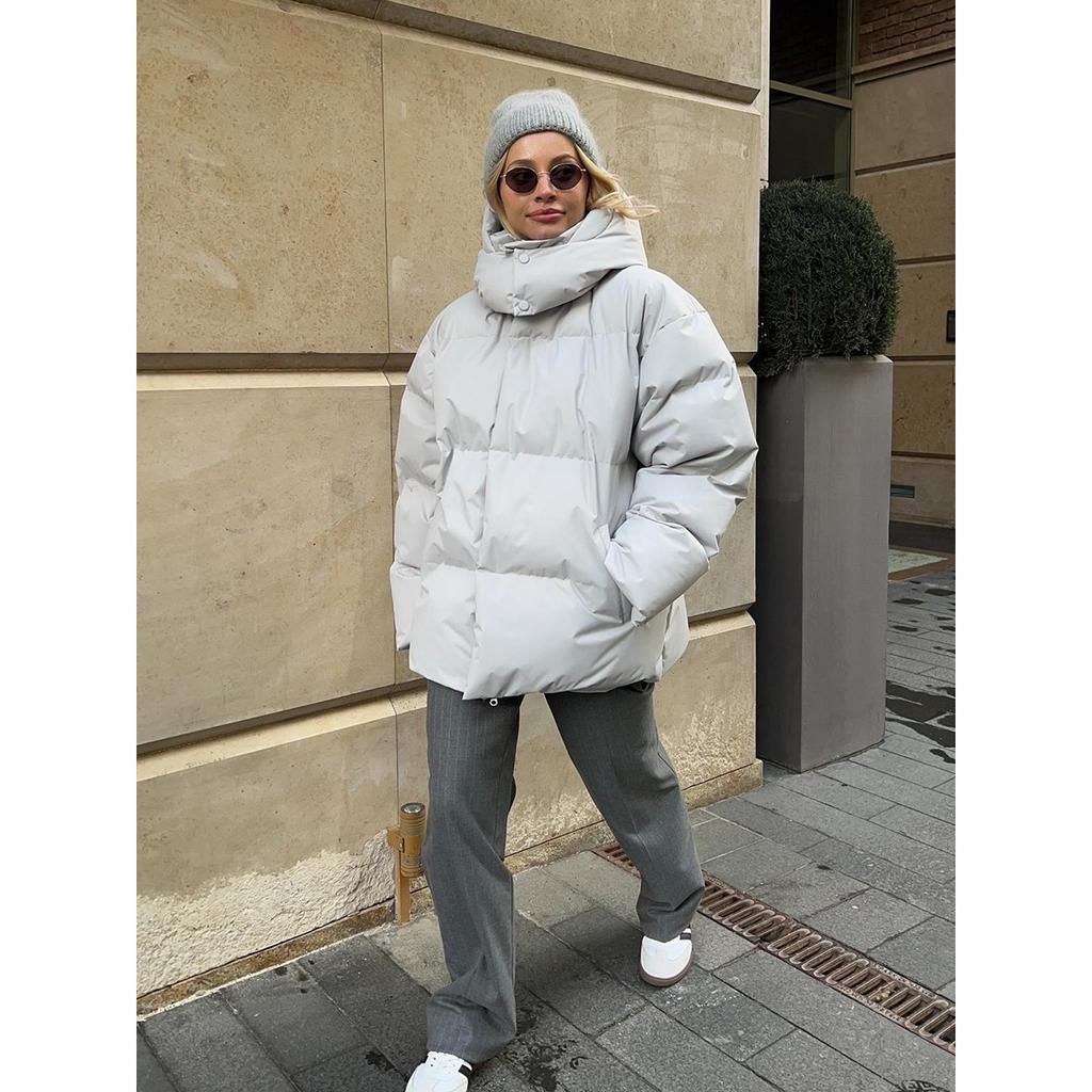 2025 Winter Women's Cotton Coat European American New Style Loose Puffer Jacket Solid Color Hooded Outerwear