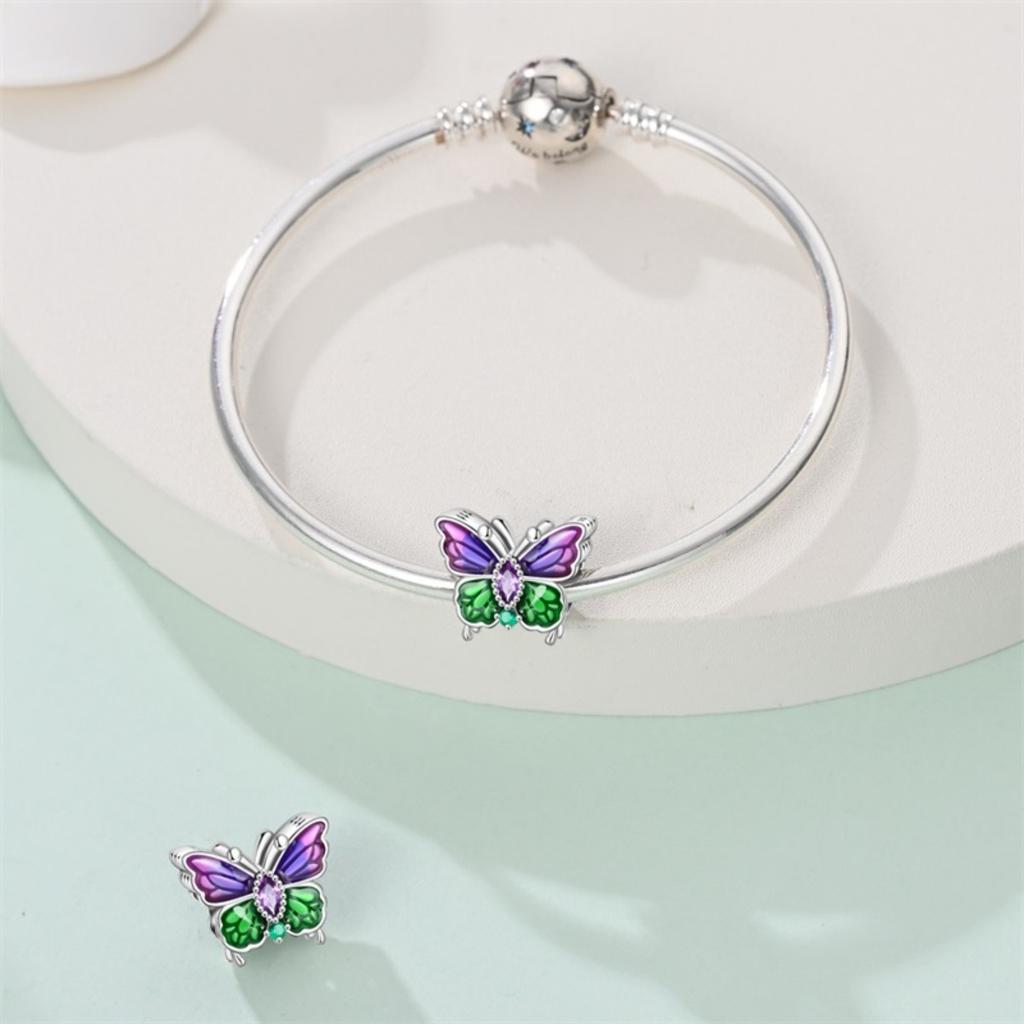 Fashion 925 Silver Colorful Butterfly Sparkling Beads Charms for DIY Bracelet Necklace Jewelry Making Gift