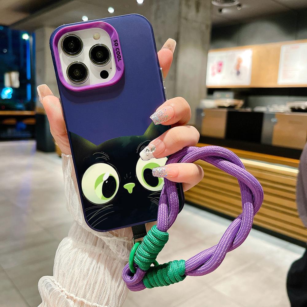 Cute Cartoon Black Cat Electroplate Lanyard Strap Phone Case For iPhone 15 14 13 12 11 16 Pro Max X XS 7 8 Plus Hand Strap Cover