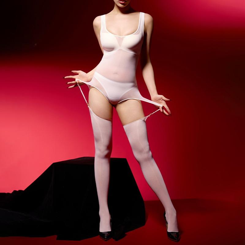 Women Sexy Full Body Shapewear With Garter Oil Shiny Glossy Stockings Open Crotch Silky Slippery Jumpsuit Ultra-Thin Bodysuit