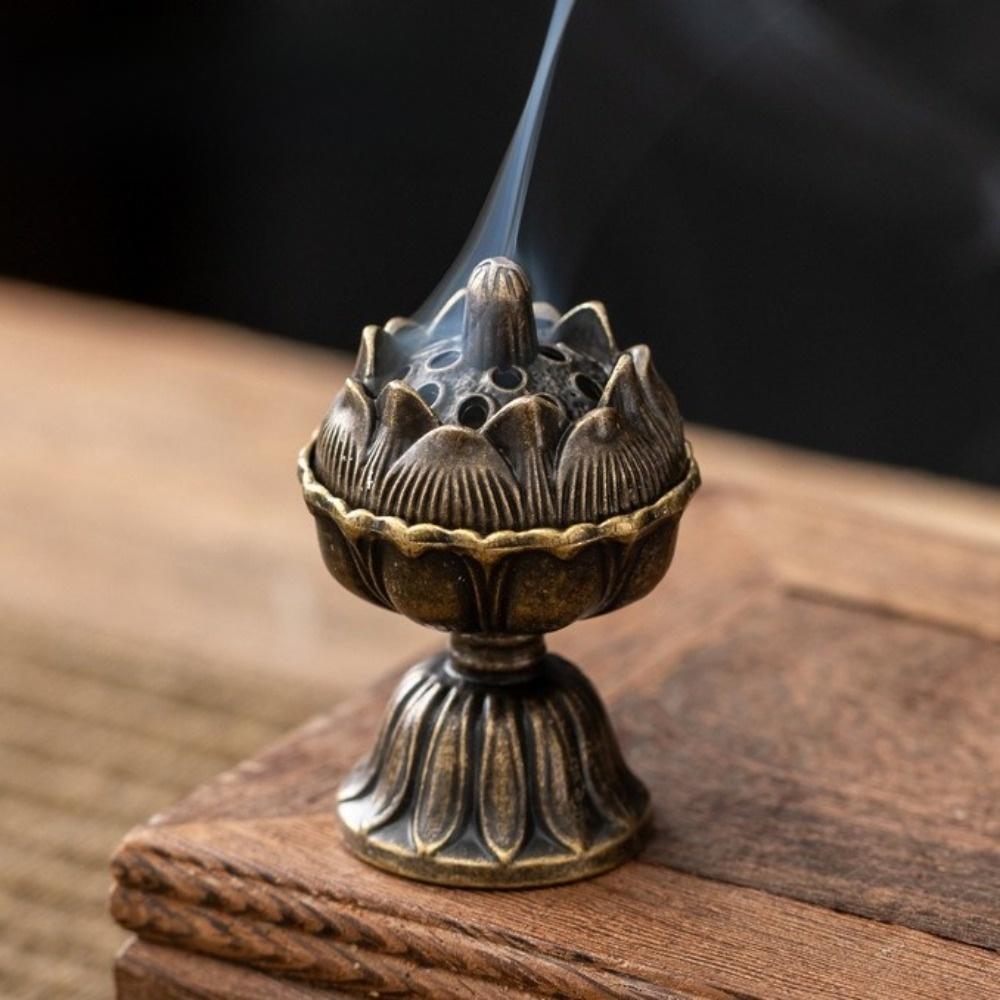 1Pcs Lotus Lamp Incense Stick Burner Alloy Sandalwood Lotus Incense Censer with Hollowed Out Patterns Retro Three Legged Stove