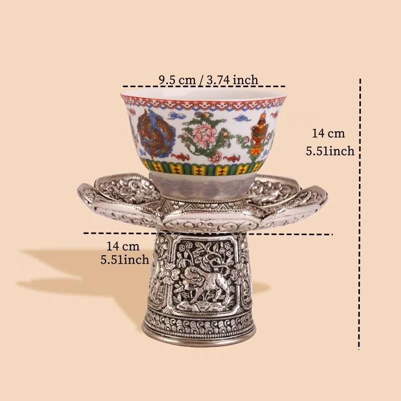 

Серебряная буддийская высокая чаша из сплава, тантрическая чаша для святой воды, выгравированная восьмерка благоприятных символов из фарфора, тибетская настольная декоративная чаша серебряный