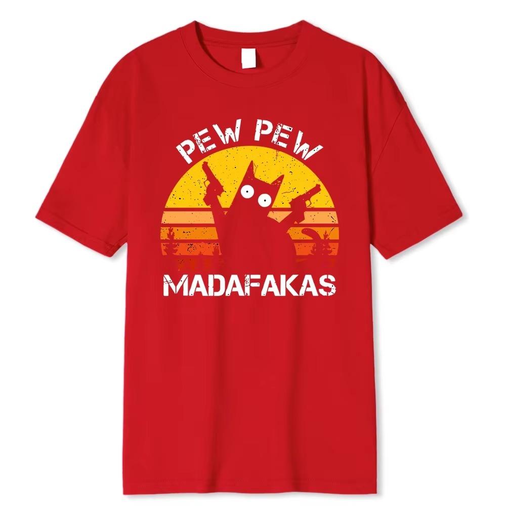 Pew Pew Madafakas Cat Two-Gun Printing for Men, Cotton Breathable T Shirts, Loose Clothes, Hip Hop Street T-shirt, Summer