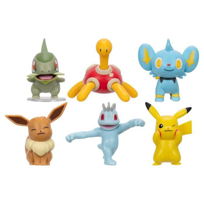 Pokémon - PKW3614 - Lot de 6 Figurines de Combat, avec Pikachu, Pottrott, Milza, Sheinux, Evoli et Machollo, 5 cm chacun