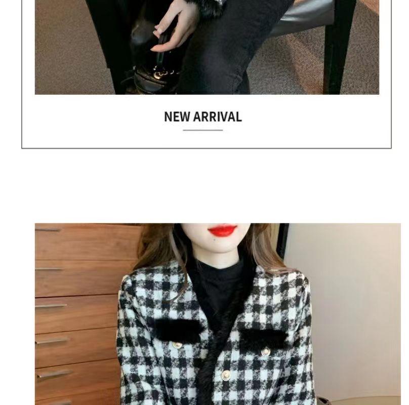 Women's French Chic Houndstooth Chunky Knit Coat - Warm, High-End Autumn/Winter Top with Raw Edges