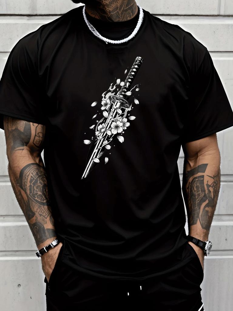 Unisex Summer Red Short Sleeve T Shirt Japanese Katana Sakura Print Casual Oversized Tee Streetwear Hip Hop Loose Male Daily Top