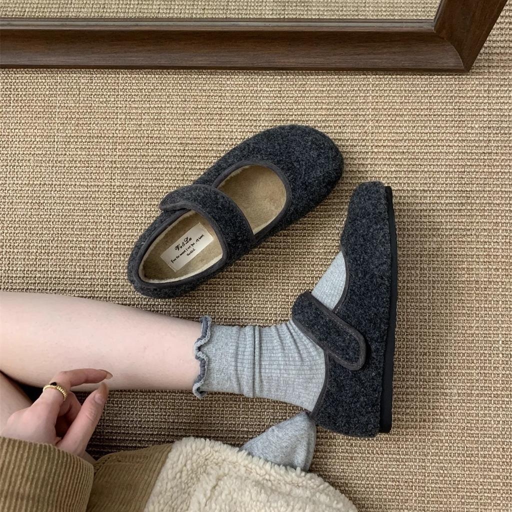 Korean Velcro Mao Mao Shoes Women Wear New Velvet Single Shoes Warm Cotton Shoes Flat Mary Jane Doudou Shoes In Winter