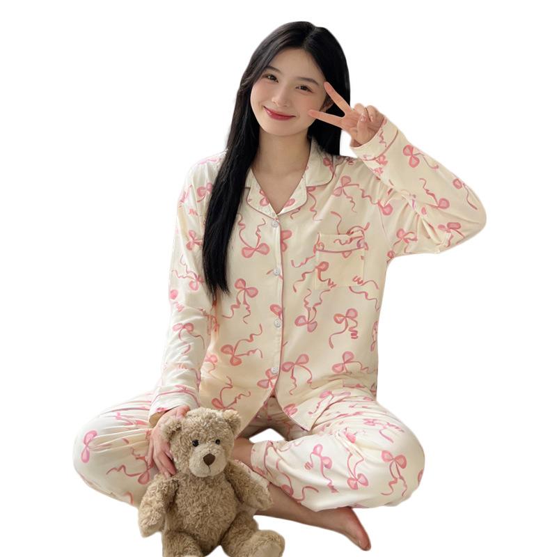 Imiteret bomuld ins japansk sløjfe pyjamas dame forår ny sød pige langærmet loungewear todelt sæt
