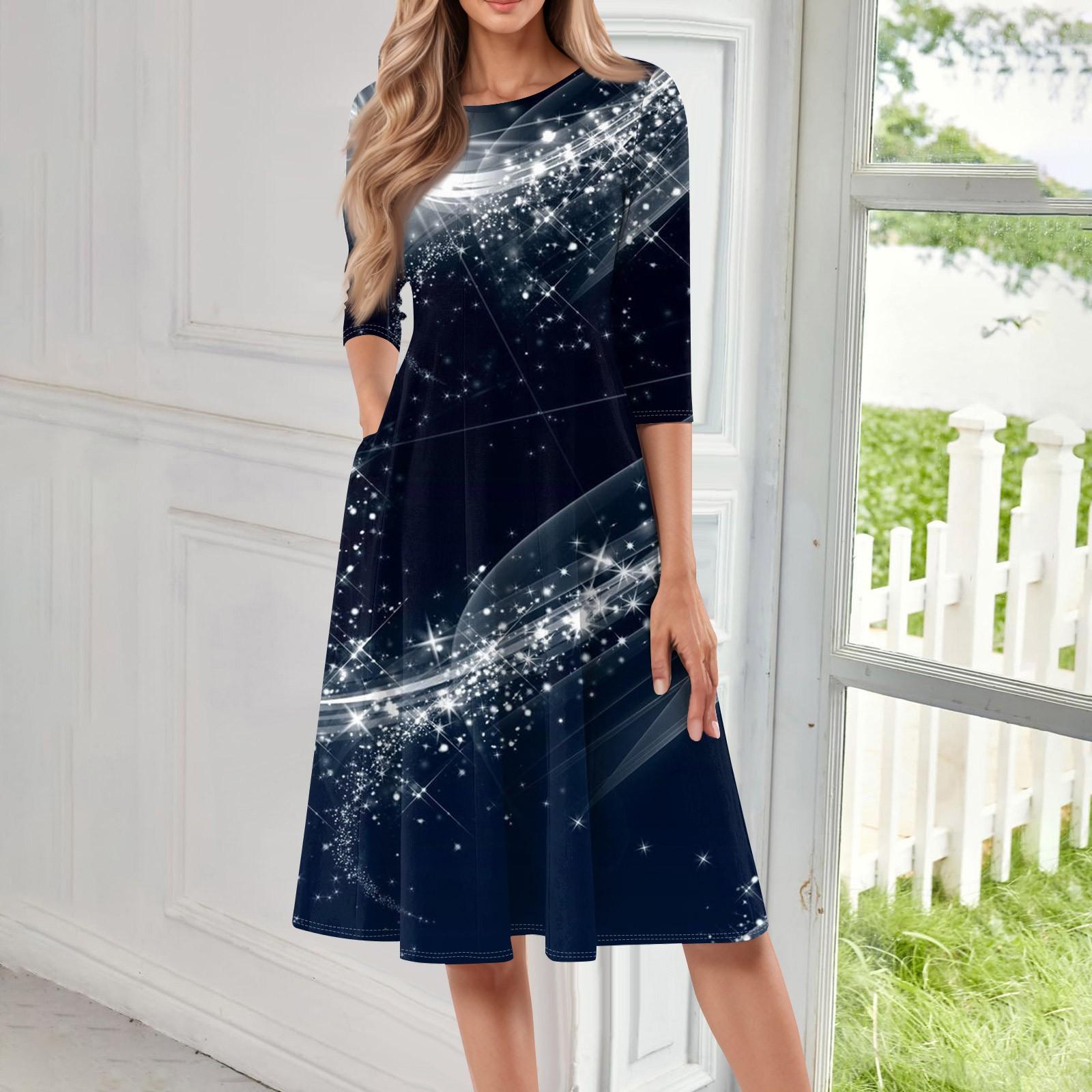 

Женское повседневное и модное платье средней длины с круглым вырезом и рукавом семь четвертей XL