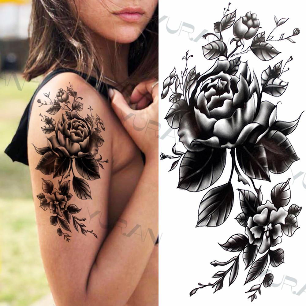 Zwarte Grote Slang Bloem Fake Tattoo Sticker Voor Vrouwen Dot Rose Pioen Tijdelijke Tattoos DIY Water Transfer Tatoos Meisjes