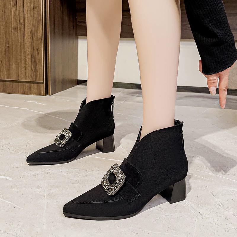 Pointed short boots 2024 new autumn and winter thick heels high-top shoes retro deep-mouth single shoes rhinestone square buckle short women's boots