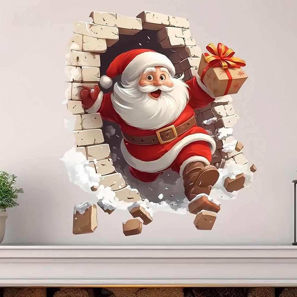 Cartoon Broken Wall Santa Claus Wall Sticker For Christmas Room Background Decor Mural New Year Decoration Self-adhesive Sticker
