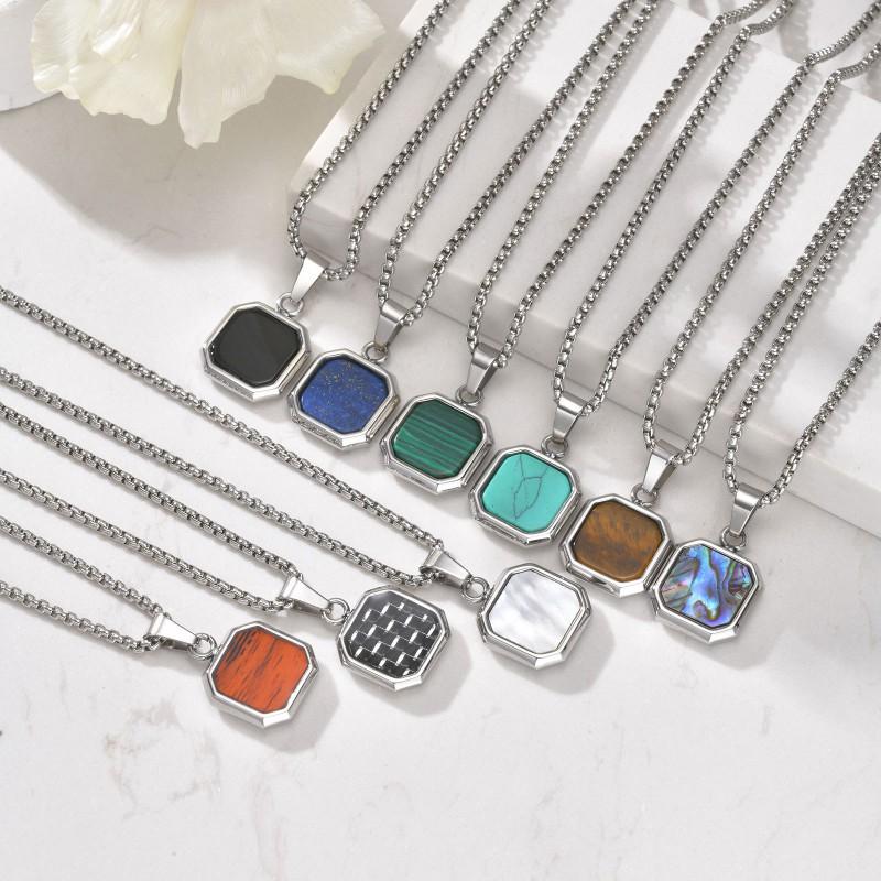 Stainless Steel Square Pendant Necklace Men Long Chain Layered Hip Hop Jewelry Geometric Titanium