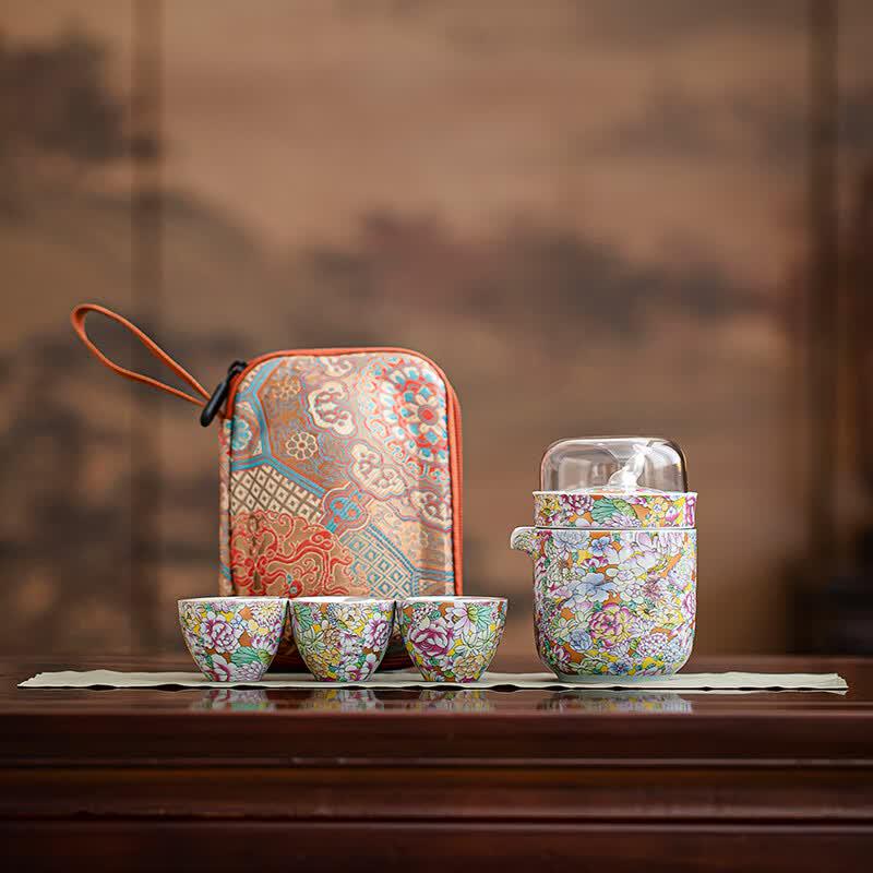 Su Shi Ceramic Travel Tea Set - Gilded Silver Myriad Flowers
