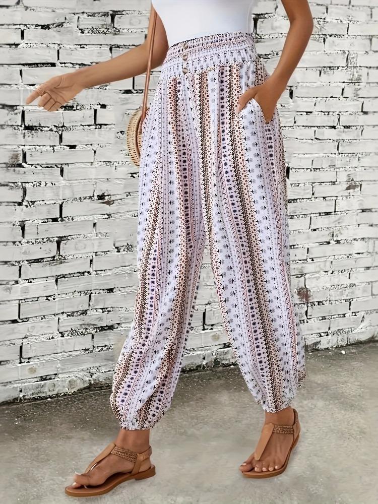 Frühling/Sommer Damen Böhmischer Ethno-Print Locker Schlankmachend Drapierte Elastische Taille Aufgeschlagene Lässige Hose