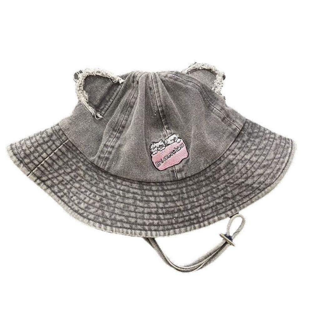 UV Protection Sun Denim Hat Sunscreen Lace-up Bucket Cap Bear Ears Hiking Fisherman Hat  Fishing