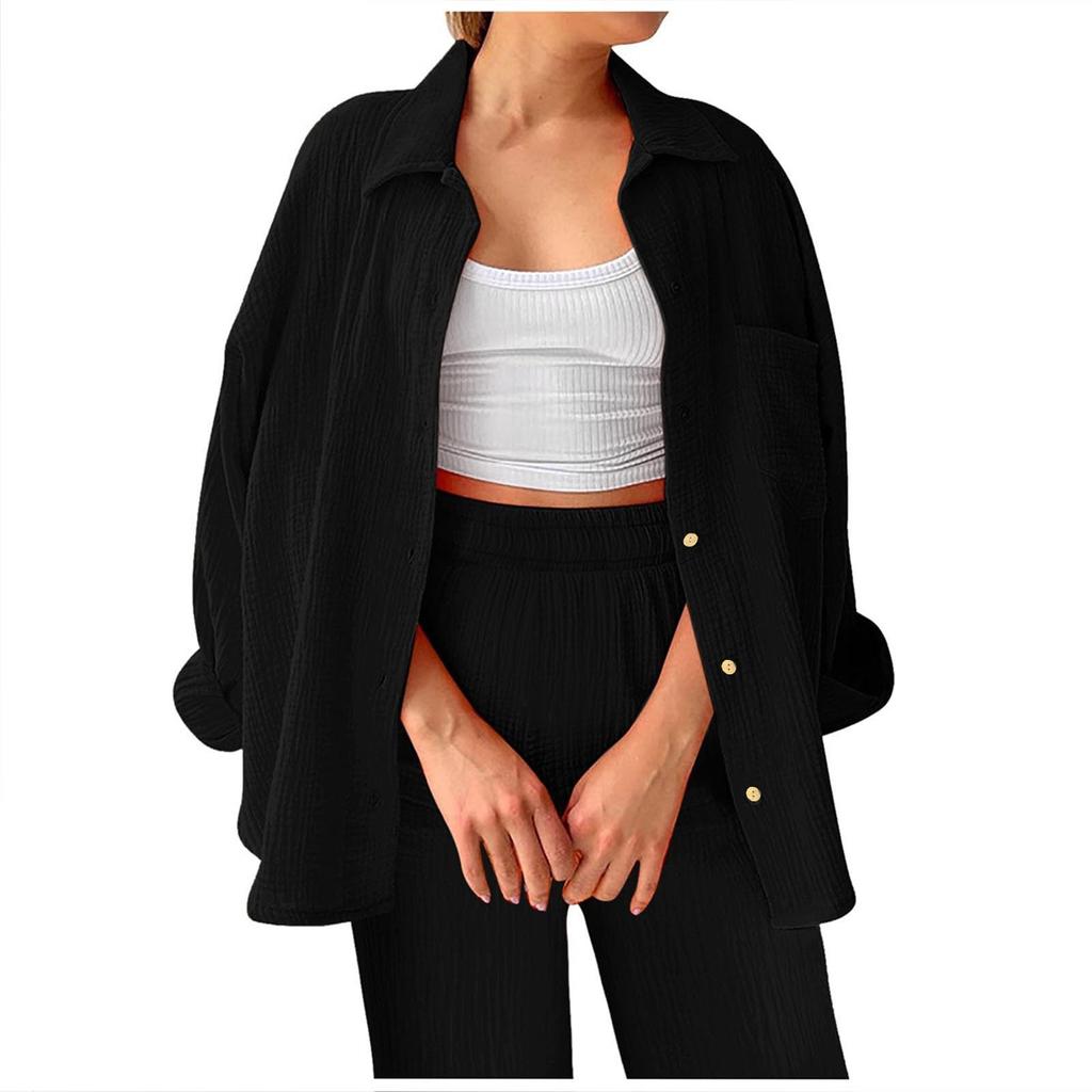 Two Piece Suit Women Summer Muslin Shirt And Trousers Clothes Two Piece Beachwear Suit Two Piece Suit Women