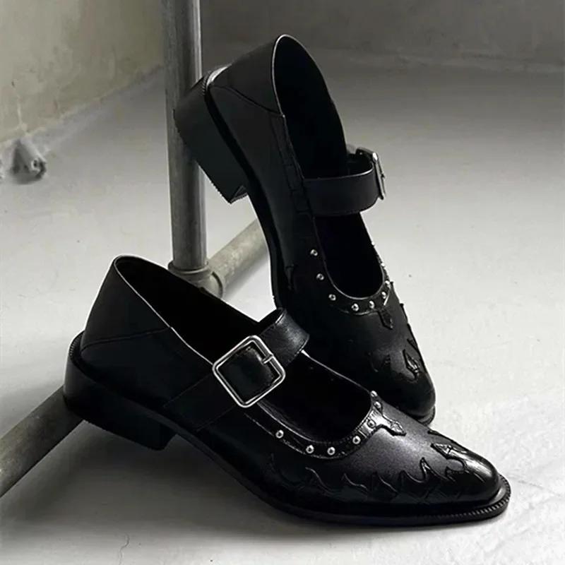 Fashion High Quality Leather Women Shoes Sexy Pointed Toe Metal Buckle Mary Jane Shoes for Women Punk Black Elegant Woman Heeled Shoes