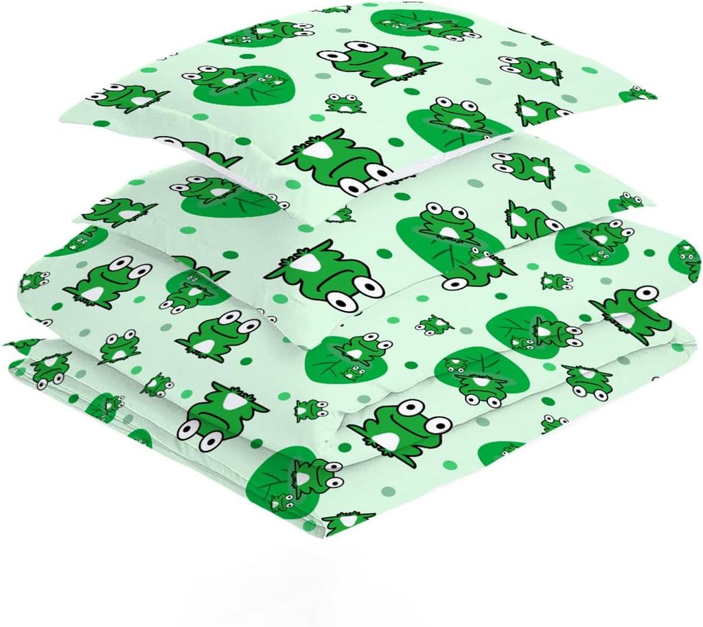 Green Cartoonish and Cute Frog Bedding Kids Double Duvet Set for Microfibre Duvet Cover and 2 Pillowcases 3D Printing Pattern