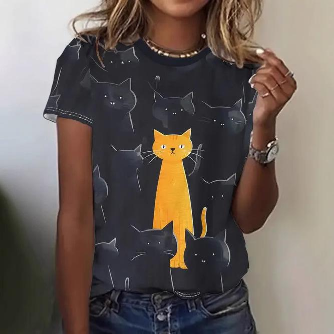 Sommer Rund Hals 3D Dyreprint Topp Moteable Casual Kortarmet Dame T-skjorter