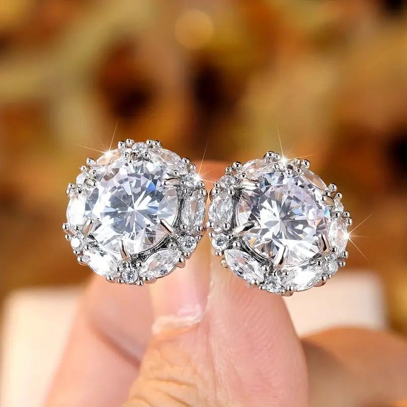 High-End Fashion Zircon Round Stud Earrings, Luxury Zircon Crystal Women'S Earrings, Jewelry Versatile Women'S Earrings