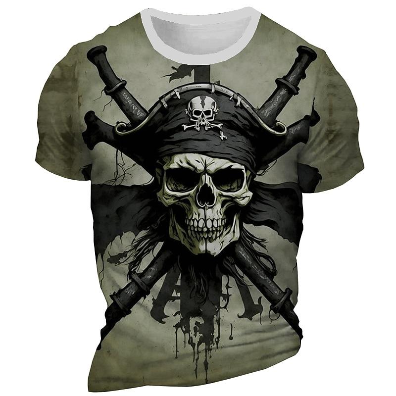 Men's Skeleton Pirate Graphic T-shirt Short Sleeve T Shirt Outdoor 3D Crew Neck Tees Fashion Cool Daily Y2k Tops Summer Clothing