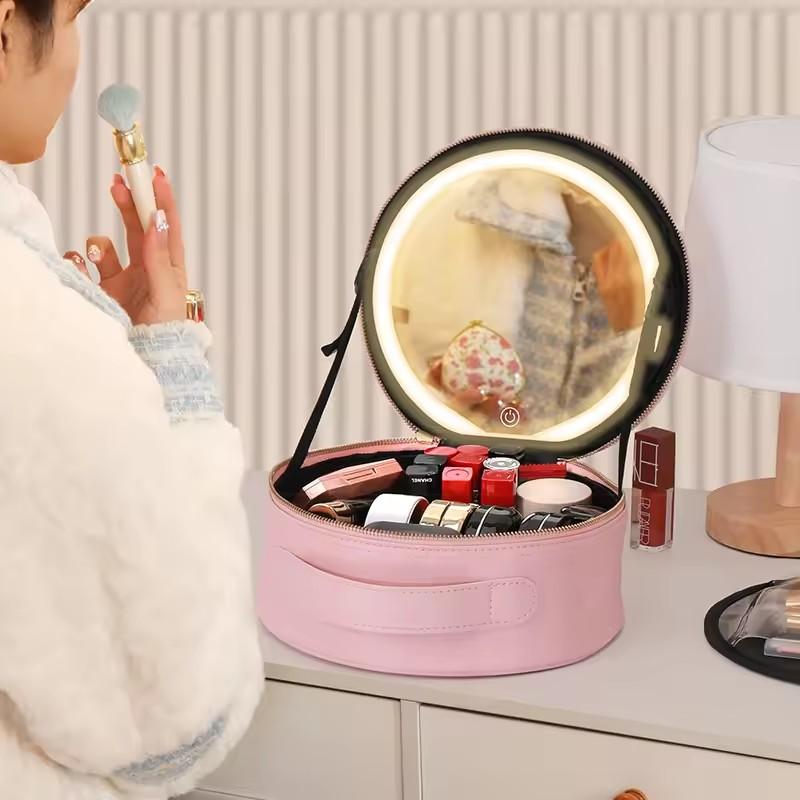 Travel PU Makeup Bag With Led Mirror Portable Cosmetic Case With Mirror And Light Travel Rechargeable Makeup Bag With Led Light