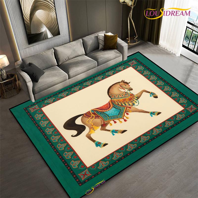 Fashion Ethnic Frame Carpet Horse Home Decor Rectangle Room Rug Black Green Orange Living Room Bedroom Bedside Floor Table Mat