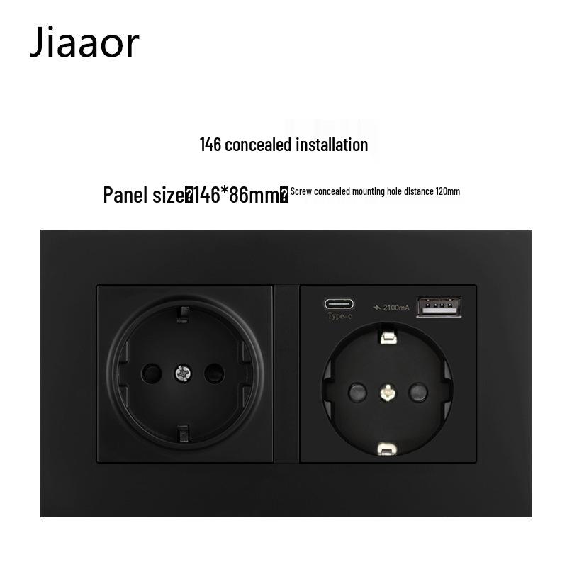 16A Black European Double Gang German-Style Switch & USB/Type-C Socket for Concealed Installation