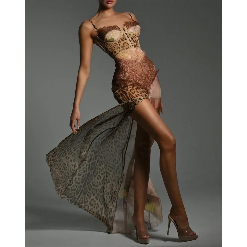 Leopard Print LaAe Split Sexy Maxi Dress Women Gown Elegant Patchwork Chiffon Sleeveless Backless Beach Evening Dress