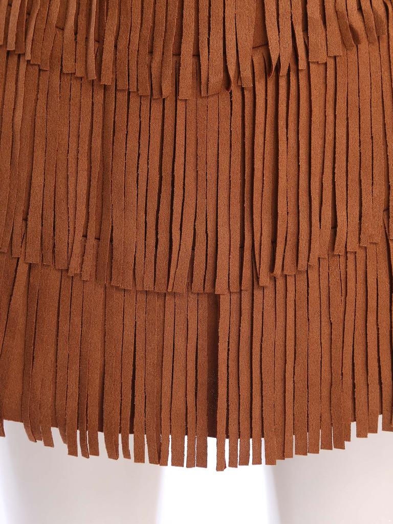 Womens Tribal Princess Set Off Shoulder Crop Top Mini Skirt Vintage Pattern Trim Tiered Tassel Faux Suede Costume