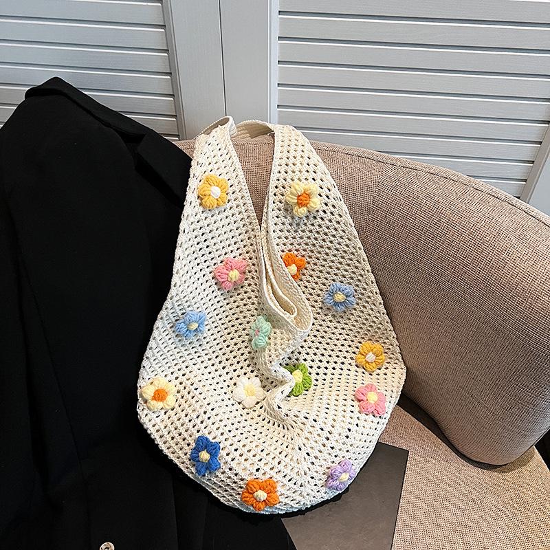 Damen Übersee Strick Blume Hohl Strand Schultertasche