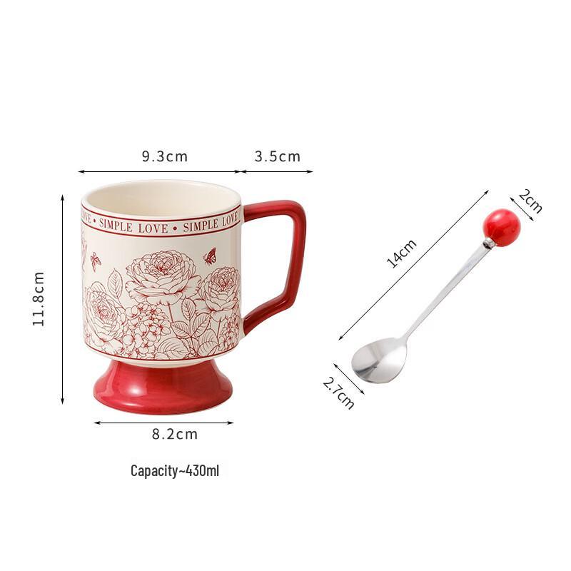 

Vintage Red Rose Ceramic Coffee Mug with Spoon