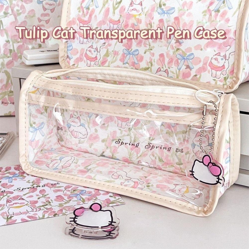Cute Tulip Cat Bow Pen Bags Transparent Student Stationery Organizer Cartoon Pencil Case  Gifts