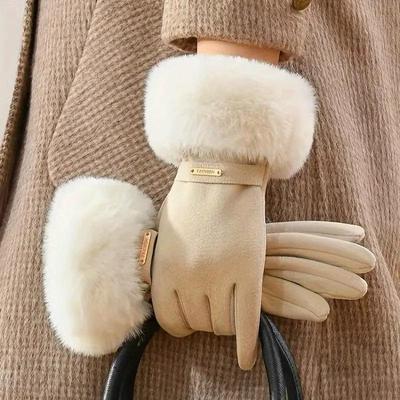 Women's Velvet Faux Rabbit Fur Touchscreen Cycling Gloves - Windproof, Warm, Fleece-Lined for Autumn & Winter