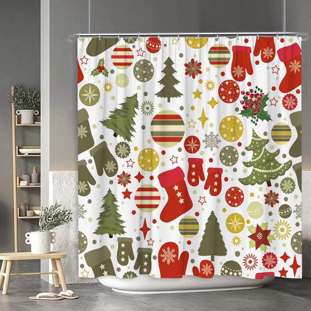 Christmas Shower Curtain Santa Claus Snowman Moose Cartoon Christmas Tree Winter Home Polyester Fabric Bathroom Decor Curtains