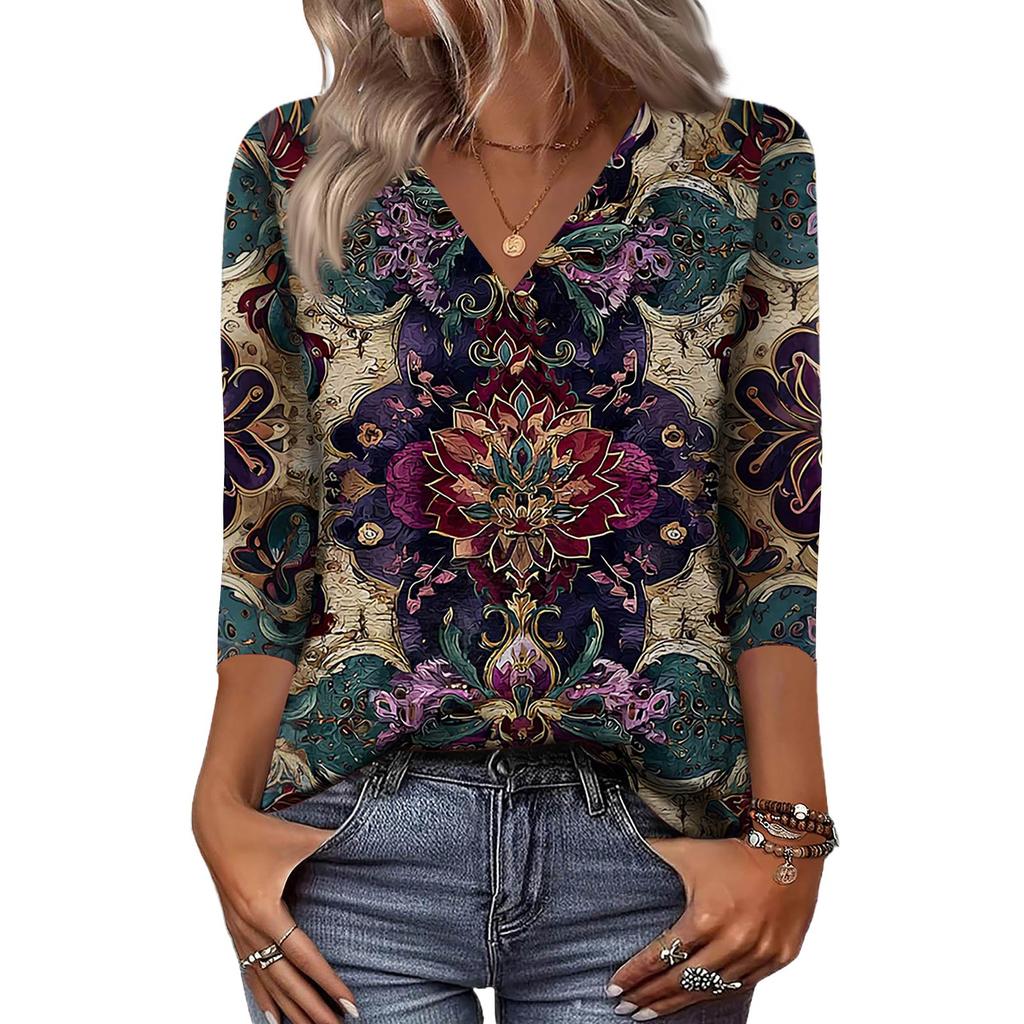 Women's 3/4 Sleeve Shirts V Neck Print Tops Casual Tops Basic Tees Blouse Loose Tops