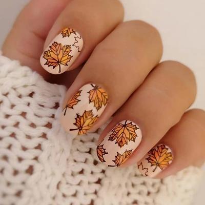 24pcs Press On Nails Bright Oil Stroke Maple Leaf Short Square Nails Removable Fake Nails Finished Wear Nails