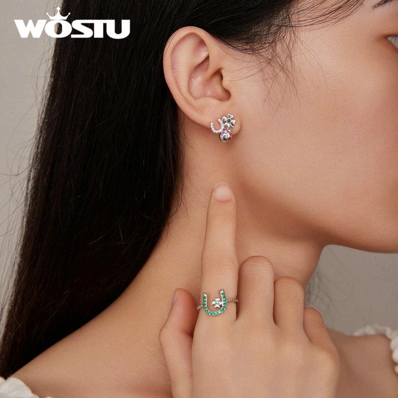 WOSTU Echt 925 Sterling Silber Grün Farbe Shiny Zirkon Hufeisen Twisted Offene Ringe Für Frauen vierblättriges Kleeblatt Einstellbare ring