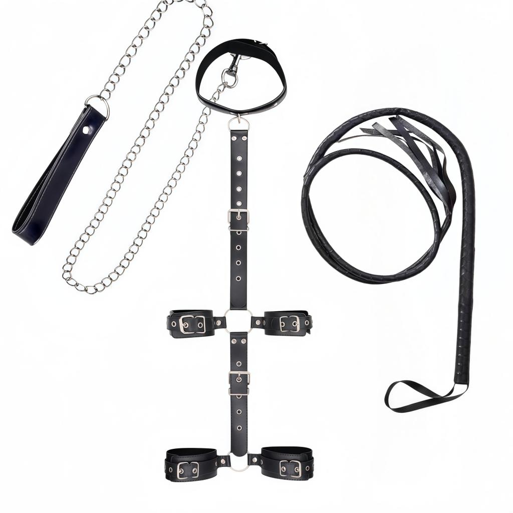 Adjustable Neck To Wrist Ankle BDSM Bondage Kit with Collar Handcuffs Chain Leash Straps for Couples Role Play Sex Toys