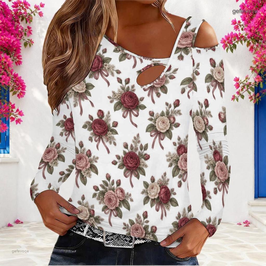 Women Plus Size Rose Floral Print Asymmetric Cutout Cold Shoulder Long Sleeve Fitted Blouse