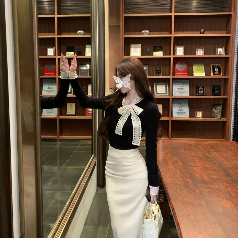 French Style Bow Lace Tie Long Sleeve Slimming Bodycon Top for Autumn and Winter