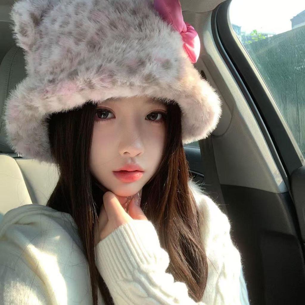 Korean Leopard Print Plush Bucket Hat for Women - Warm, Fluffy, Ear Protected, Large Fit for Autumn/Winter
