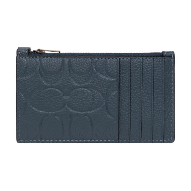 Coach Card Case 13 Logo Embossed Zipper Pocket Leather Mini Women Card Case Deep-Denim CH744-DDE