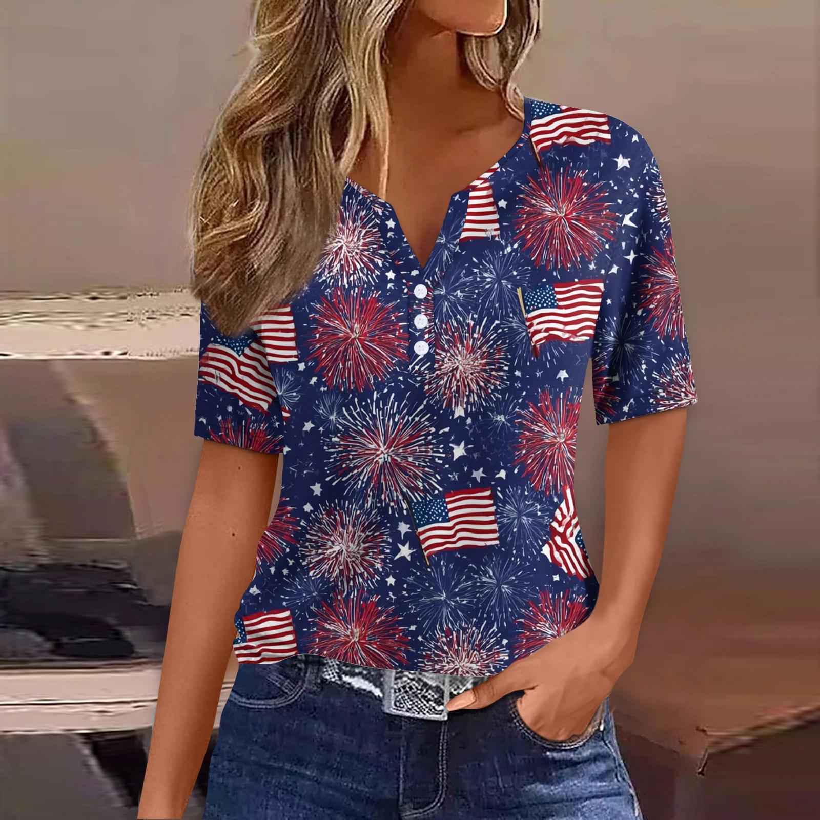 

Women’s Short Sleeve V Neck Button Down Star Print Casual Loose Fit T Shirt for Summer Daily Wear Fashion Top XL