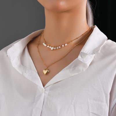 New Tassel Pearl Love Pendant Double Stacked Ladies Necklace