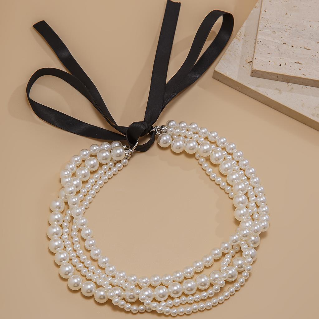Multilayer Imitation Pearl Chain Necklace Women Ribbon Bow Choker Bridal Banquet Jewelry Accessories