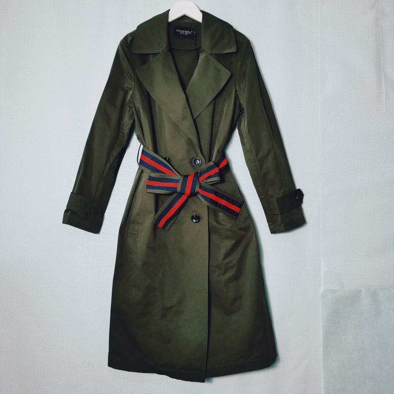 

Brand Cut Label Double Breasted Belt Waist-Tight Classic Mid Length Long Length Trench Coat Women s, Blue British Style Fancy Outwear Autumn Army Green 2XL