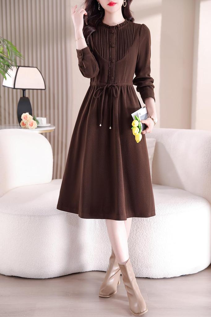 Chubikime Long Sleeve Dress with Ruffles and Crew Soft Corduroy Warm and Flattering for Fall and Perfect for Work or Casual Wear Women's Midi-Length