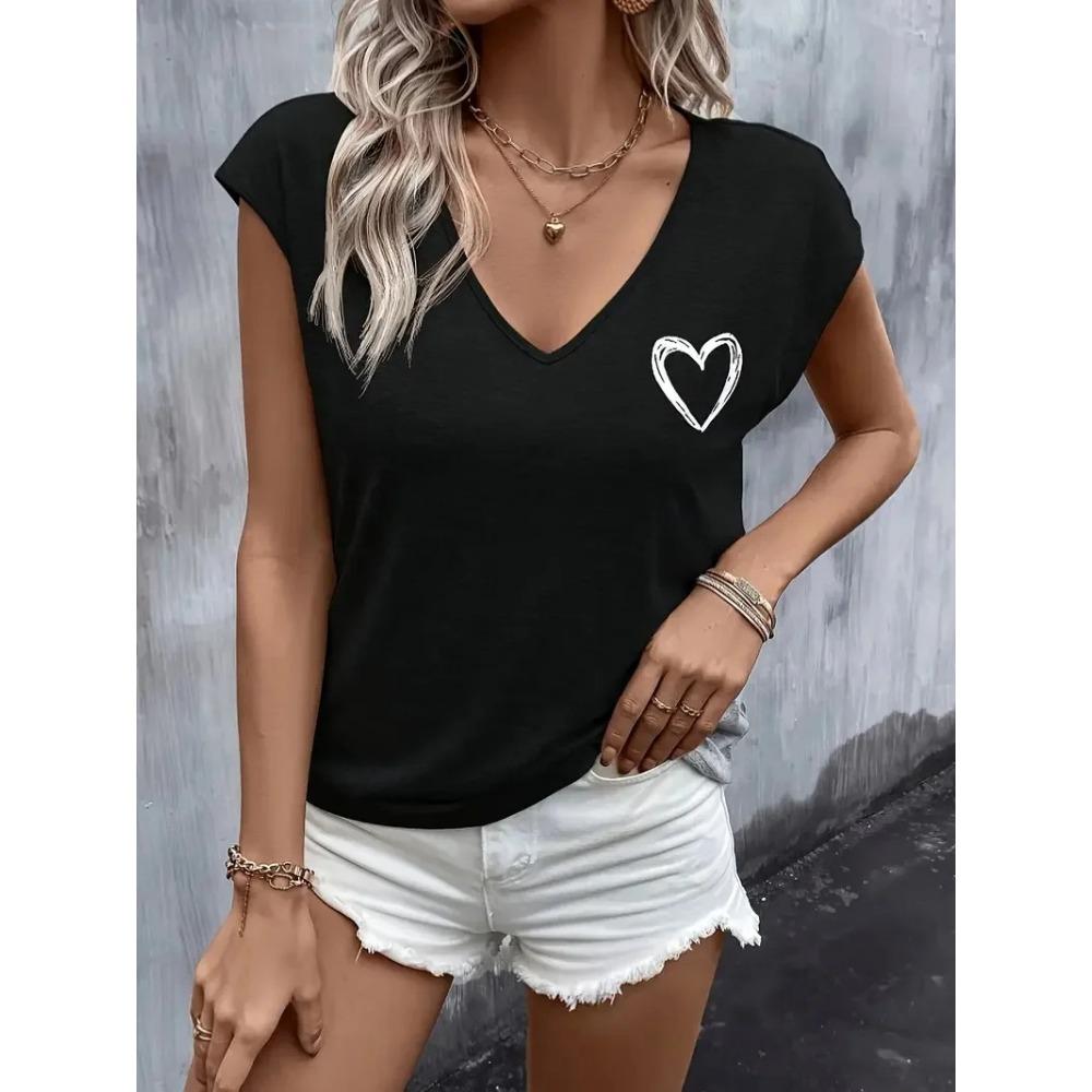 Summer Women's T-shirt Cat Pattern Printing V-neck Short-sleeved Loose Oversized Clothes